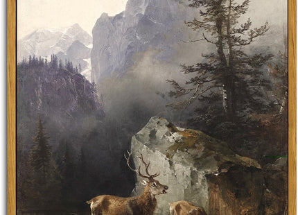 KBKBART Framed Mountain Deer Canvas Wall Art, Nature Landscape Paintings