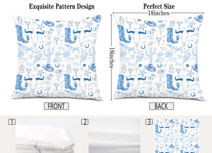 XUNLURY Blue Coastal Cowgirl Pillow Covers 18x18, Coastal Cowgirl Granddaughter Room Decor, Western Home Decor, Preppy Beach Western Decorative Pillow Covers for Girls Dorm Bedroom