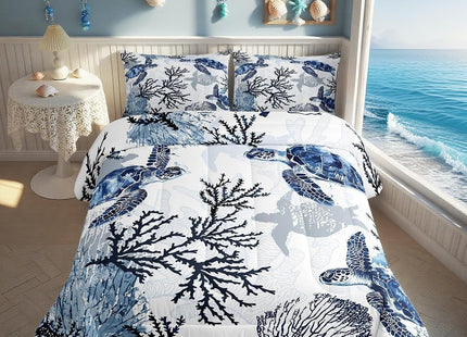 Homewish Sea Turtle Comforter Set Full Size,Coral Bedding Set 3pcs for Kids Boys Girls Adults Room Decor,Ocean Creature Quilt Set White Navy Blue Microfiber Duvet Insert with 2 Pillowcases