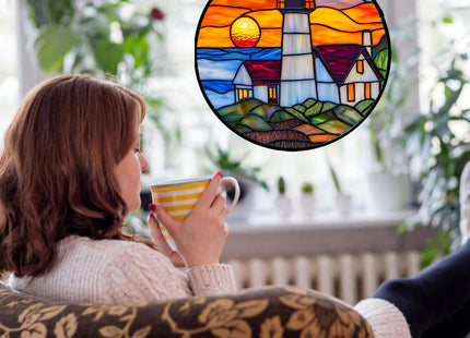 JOSUMALY Stained Glass Window Hanging - Sea Lighthouse Suncatcher for Door Terrace Garden Home Decor Sunset Beach Scenery Sun Catcher Birthday Gifts for Lovers Women Men Dad Mom Nana 6.3 in