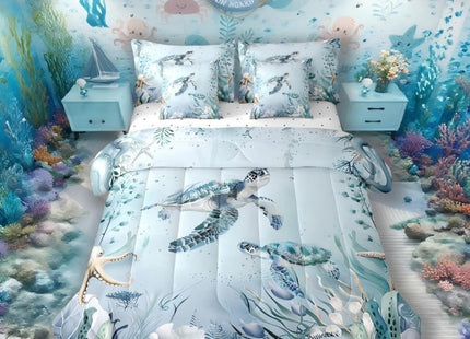 Sea Turtle Comforter Set 7 Piece Bed in a Bag Twin,Teal Blue Ocean Beach Coastal Bedding Set Starfish Octopus Tentacles Sheet Sets with Comforter Creature Coral Bed Set,Kawaii Fish Room Decor
