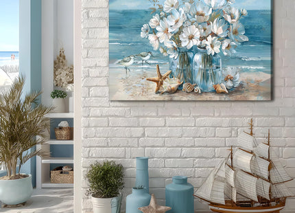 Blue Coastal Beach Bathroom Wall Art Seaside Seashell Starfish Painting Print Mason Jar White Daisies Canvas Picture Wall Decor Seascape Theme Flower Print Artwork for Living Room Bedroom 16x24"