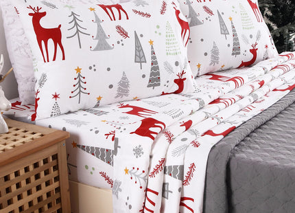 STARBEDIA Christmas Flannel Sheets King, 100% Cotton Holiday Bed Sheet Set, Deep Pocket Fitted Sheet, Soft Warm Brushed Christmas Sheet (King Size, Forest Deer)
