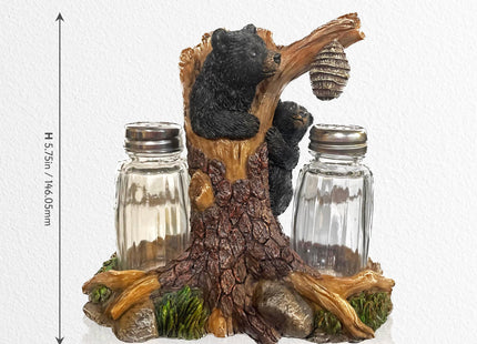 Pine Ridge Bear Salt And Pepper Shaker - Two Glass Shakers, Bear In Tree Holder Caddy For Spices And Seasonings, For Kitchen, Dining Or Table Décor