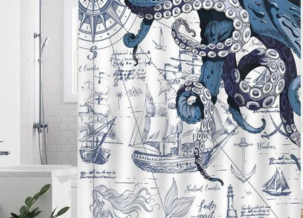Mocsicka Nautical Octopus Shower Curtain Nautical Sailboat Octopus Bathroom Shower Curtain Nautical Coastal Waterproof Fabric Shower Curtain Bathtub Decor with 12 Hooks 72 X 72 Inch