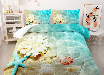 Nttopship Ocean Theme Comforter Set - Twin Size, Kids Bedding with Starfish and Scallops Pattern, All Season Comforter and 2 Pillowcases
