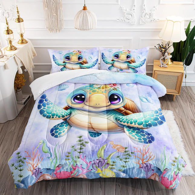 XYNHML Turtle Bedding Set 3pcs Twin Ocean Life Shell Comforter Set Kid Fish Crab Bedding Set for Boy Girl Watercolor Tortoise Seaweed Theme Pattern Quilt Bed Set with 1 Comforter and 2 Pillowcases