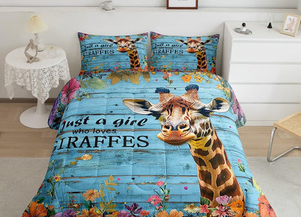 Erosebridal Kawaii Giraffe Comforter Twin Farm Animal Bedding Set, Red Pink Flower Bedding Comforters & Sets Rustic Farmhouse Down Comforter, Blue Wooden Striped Bed Sets Lodge Cabin Decor 2pcs