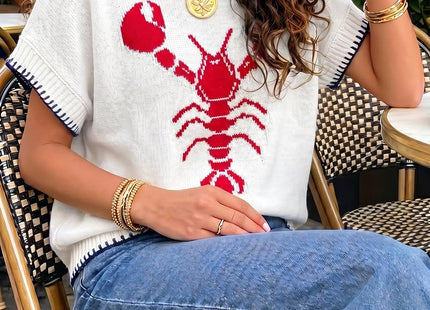Womens Lobster Sweater Vest Casual Crawfish Knit Shirts Tops White Red XL