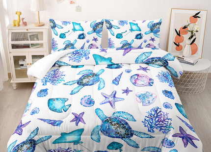 XYNHML Blue Sea Turtle Comforter 3Pcs Ocean Bedding Set Full Coral Starfish Shell Fish Bedding Set for Kid Teen Girl Boy Adult Bed Decor Conch Manta Ray Quilt with 1 Comforter and 2 Pillowcases