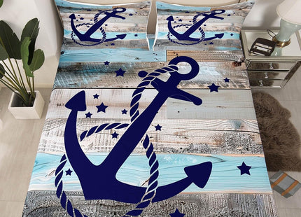Coastal Nautical Bedding Sets Queen Navy Blue Anchor Bed Sheets For Kids Boys Teen Rustic Farmhouse Wooden Board Sheet Set Retro Ocean Sailing Boat Fitted Sheet Retro Grey Flat Sheet 2 Pillow Cases