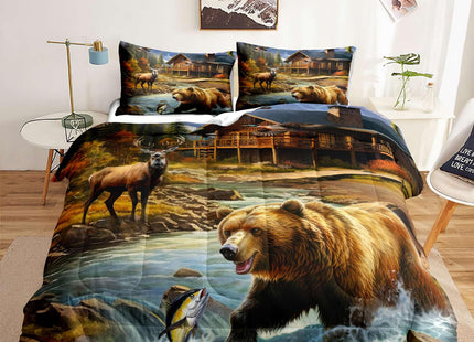 LUVIVIHOME 2PCS Deer Bear Comforter Set Twin Size, Rustic Cabin Bedding, Lake House Country Farmhouse Lodge Wildlife Forest Animal Fish Mallard Duck Hunting Bedroom Decor, Soft Quilt, 1 Pillow Sham