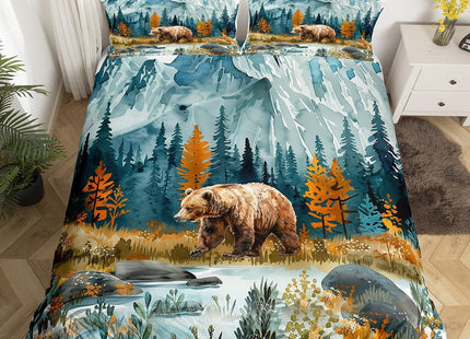 Bear Duvet Cover Set Twin Size,Hunting Animal Bedding Set Kids Boys Girls Room Decor,Tree Woodland Mountain River Bedspreads Cover 2Pcs,Nature Retro Rustic Comforter Cover,1 Pillowcase(NO Comforter)