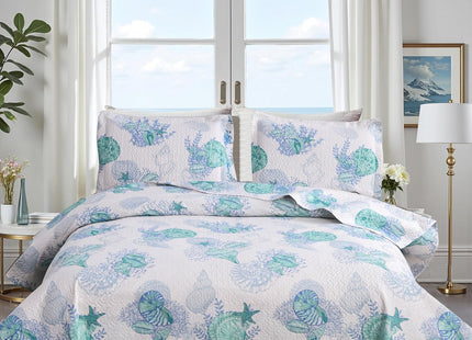 Hailea Ocean Quilt Full/Queen Size Coastal Bedding Lightweight Summer Beach Theme Bedspread Nautical Coverlet Blue Seashell Conch Bed Sheet with 2 Pillowshams (Green,Full/Queen)