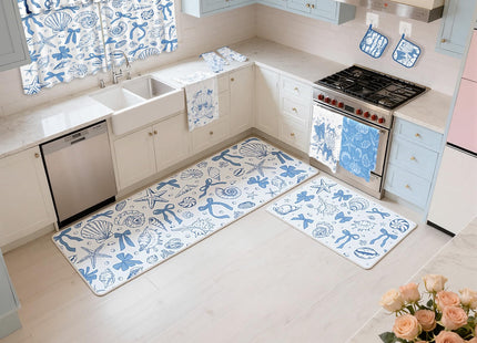 13 Pcs Beach Kitchen Decor Set 3 Seashell Kitchen Curtains Valance 2 Blue Bow Rugs and Mats 4 Coastal Hand Towels 2 Pot Holders 2 Oven Mitts for Summer Home Decor Cooking Grilling Housewarming Gift