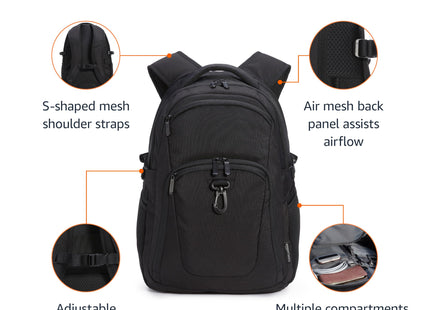 Amazon Basics Travel Laptop Backpack with Multiple Pockets and Compartments for 15.6 inch Laptop, Water Resistant, Spacious with Padded Shoulder Straps, Black