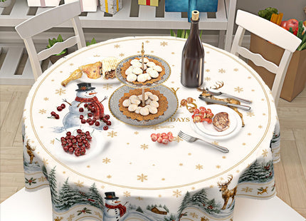 Merry Christmas Tablecloth Round 60 Inch Xmas Snowman Deer Pine Tree Table Cloth Circle Dust-Proof Washable Wipeable Winter Holiday Table Cover Polyester Tabletop for Dining Kitchen Picnic Party Decor
