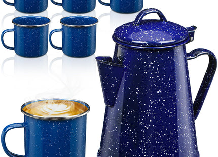 Dandat 60 oz Enamel Coffee Pot Set with 6 Pcs 12oz Mug, Blue Campfire