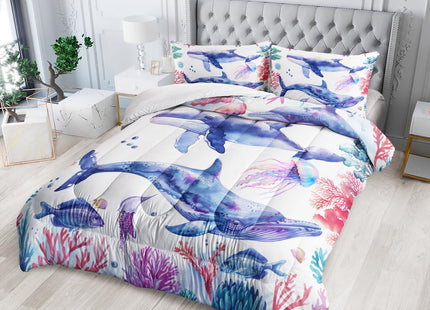 XYNHML Whale Jellyfish Shark Bedding Dolphin Coral Comforter 3Pcs Twin Underwater Fish Starfish Quilt Set for Kids Teens Girls Boys Clownfish Seaweed Bed Decor Set with 1 Comforter and 2 Pillowcases