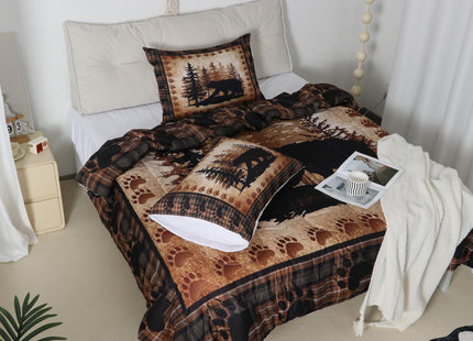 Castle Fairy Bear Print Comforter Set Queen Size,Wild Animal Hunt Pine Trees Retro Bedding Set for Women Adult,Rustic Grid Plaid Cabin Decor Luxury Bed Duvet Insert, 2 Pillowcases