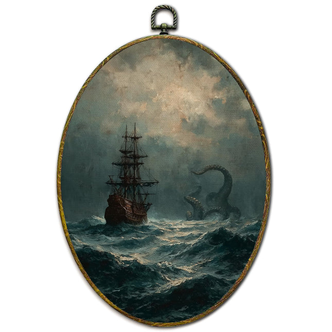XFCICRLJ Coastal Beach Nautical Wall Art Decor, Dark Academia Nautical Aesthetic Oval Canvas Prints Framed, Moody Ocean Wall Art Decorations for Home Bedroom Living Room Decor, 11x8.5 Inch