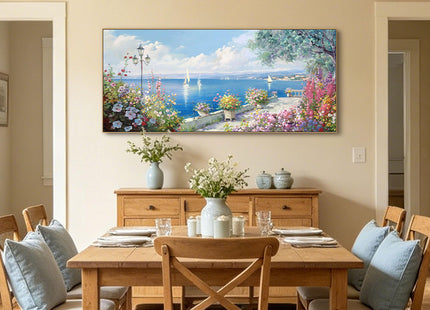 Oversized French Coastal Flower Sailboat Canvas Wall Art Framed Pastel
