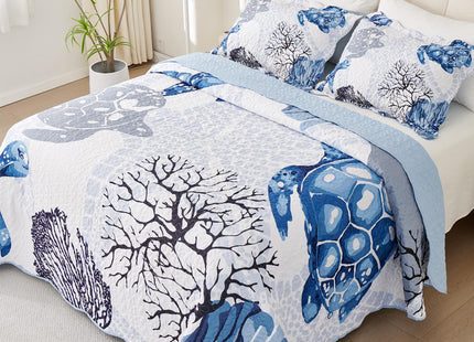 EVENHUG Coastal Quilt Set King Size Reversible Summer Ocean Beach Themed Bedding with Pillow Shams Lightweight Blue Nautical Coral Seahorse Bedspread Coverlet for All Season 3 Piece (106''x96'')
