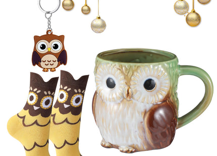 Newtay 3 Pcs Owl Gift Set for Women, Yellow, Owl, Mug Keychain Socks