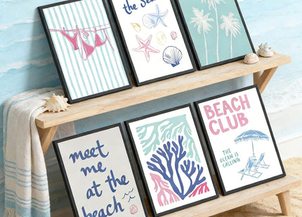6pcs Blue Coastal Granddaughter Canvas Wall Art Summer Seashell Bikini Posters Prints Paintings Beach Preppy Aesthetic Wall Decor Pictures for Dorm Apartment Sea View Room Home Decoration Unframed