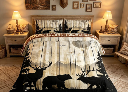 Feelyou Western Rustic Bear Deer Elk Comforter Set, Wooden Farmhouse Bedding Toddler, Hunting Wild Animal Quilt Forest Wildlife Hunting Bedding Comforter Sets Kids Boys Teens Adult Men Bedroom Decor