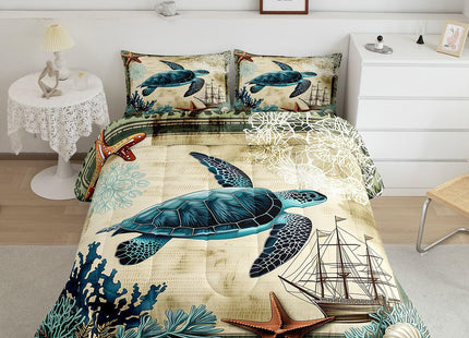 Erosebridal Turtle Bedding Teal Turtle Comforter Set Turquoise Ocean Themed Mediterranean Style Printed Design Ocean Turtle Down Comforter Quilted Duvet Set Full Size 1 Comforter 2 Pillowcases