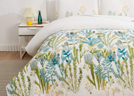 Twin Size Floral Quilt Set for Bed Lightweight Green Yellow Leaves Botanical Bedspread Daybed Cover Coverlet Lodge Cabin Garden Floral Bed Cover Blanket Rural Blossom Bedroom Decor