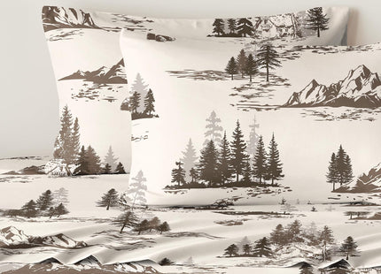 Wake In Cloud - Rustic Bed Sheets, 4-Piece Sheet Set, Cabin Forest Woodland Camping Theme with Lodge Mountain Pattern Printed Bedding, Deep Pocket, Beige Brown, Queen Size