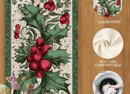 Christmas Table Runners and Placemats Set of 6, Holly & Berries Design, Green & Red, Perfect for Holiday Dining, 7-Piece Christmas Table Decoration