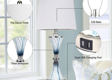 Hamucd 3-Way Dimmable Touch Glass Table Lamps for Bedrooms with 2 USB Ports Set of 2 Coastal Beach Bedside Lamps for Contemporary Modern Night Stand Lamps with 2 LED Bulbs for Lighting Decor