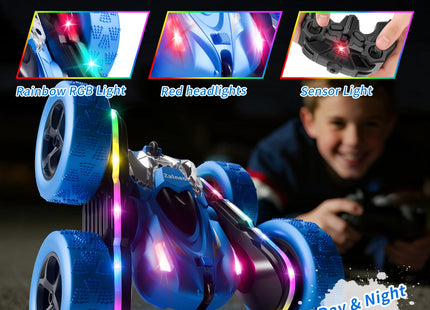 Zalneo Remote Control Stunt Car 4WD 360° Flip Double‑Sided RC Cars, LED Light Bar, USB‑C Modular Battery, 2.4 GHz Outdoor Beach Toy for Boys 6‑12 Years Old, Birthday & Christmas Kids Gift, Blue