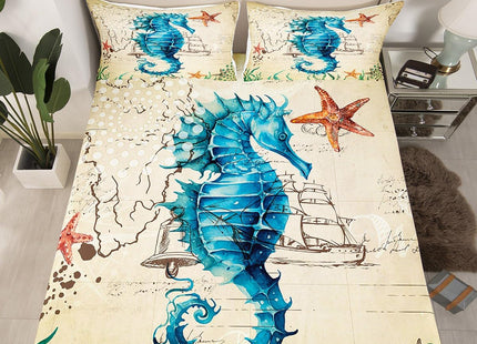 Seahorse Bedding Set Full 3D Seahorse Printed Decorative Bed Sheet Set Marine Mediterranean Style Bed CoverTeal Ocean Animal Fitted Sheet Ocean Park Theme Bedding Kids Child Boys Girls Bedroom