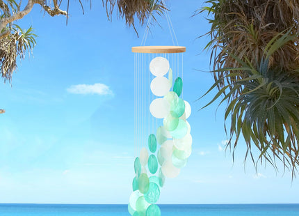Wenqik Sea Glass Shell Wind Chimes for Outside Seaglass Capiz Windchime Spiral Wind Chimes for Women Beach Holiday Summer Gift Indoor Outdoor Home Housewarming Garden Decor(Light Blue)