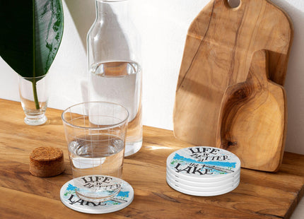Life is Better Lake Coasters for Drinks Set of 4, Absorbent Ceramic Drink Coasters for Coffee Table Wooden Table Cup Bar, 4 Inches