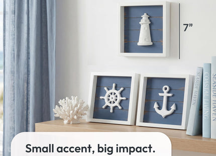 TideAndTales 3D Nautical Wall Decor (Famed Set of 3) Anchor, Lighthouse and Ship Wheel - Rustic Beach Bathroom Coastal Theme Home Decorations - Nautical Gifts, Classic Blue 7"x7"