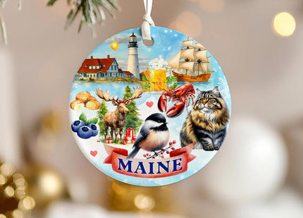 Sportyzen Maine State Christmas Ornament – Portland Head Lighthouse, Moose, Lobster, Blueberries, Chickadee & Sailing Ship – New England Souvenir Gift & Coastal Holiday