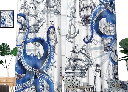 Cool Octopus Blackout Curtains - Retro Anime Nautical Theme Sailboat Lighthouse Blue Octopus Grommet Window Treatment Set Energy Saving Thermal Insulated Drapes for Living Room,2 Panels 63L x 21W