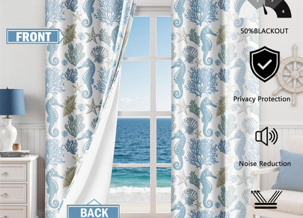 Coastal Seahorse Curtains, Grommet Window Panels, 52 x 96 Inch, 2 Panels
