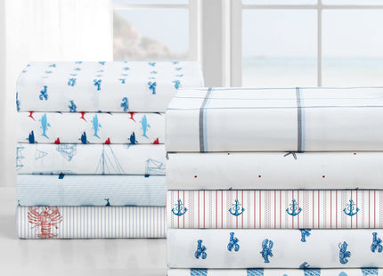 Nautica - Queen Size Sheet Set, Crisp Cotton Percale Bedding with Matching Pillowcases, Fully Elastic Fitted Sheet, Deep Pocket, Nautical Room Decor, Breathable All-Season Comfort (Whale Stripe Blue)