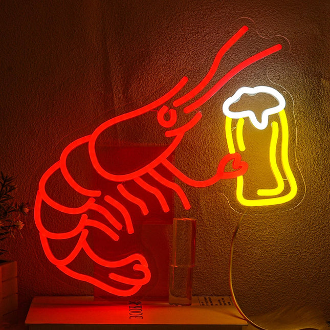 Xixkilly Shrimp Beer Neon Sign for Wall Decor Lobster Neon Light Bar Led Signs Red Shrimp Neon Light Up Sign for Bar Bedroom Shop Kitchen Mall Decoration