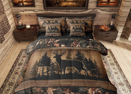 Erosebridal 7 Piece Farmhouse Deer Full Bed in A Bag Camo Woodland Hunting Comforter Set with Sheets | for Kids Boys Teen Men,Rustic Cabin Bed in A Bag Wildlife Animal Print Bed Set Country Decor