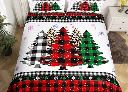 Christmas Snowflake Kids Duvet Cover Set Twin Size,Plaids Leopard Pine Tree Bedding Set,Girls Boys Adults Room/Xmas Cabin Decor,Holiday Rustic Comforter Cover,Red Black Quilt Cover,2pcs,1 pillowcase