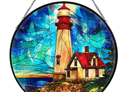 Lighthouse Stained Glass Window Hanging, Suncatcher Diamond Glass Panel Hangings, Suncatchers Indoor Windows Wall Art Decor, Gift for Mom Grandma, Christmas Decor for Home Office Garden 7.87 inches