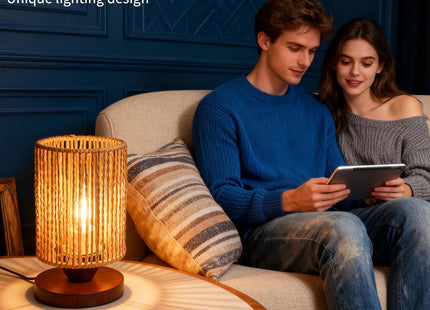 Handmade Rattan Lamp Boho Table Lamp for Bedroom, Small Woven Lamps for Night Stands with Warm White LED Bulb, Coastal Boho Lamp for Living Room Reading Nook Office Desk, 12cm Shade 20cm Height