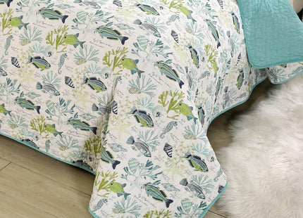 WINLIFE 100% Cotton Coastal Quilt Set Queen Size 90''x98'', Aqua Green Fish